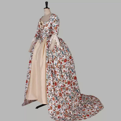 Cream Floral Rococo Gown with Cape and Lace Details - 18th Century Ball Gown - Plus Size